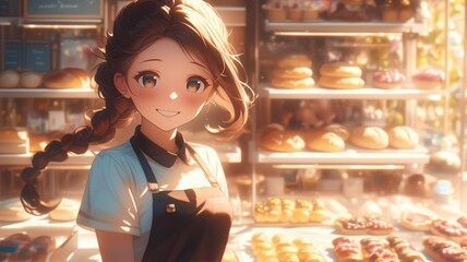 パン屋で働くアニメ調の日本人美少女