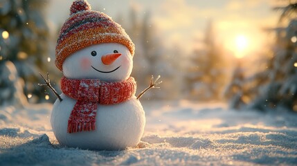 Obraz premium Cheerful snowman with a carrot nose and scarf in a snowy winter landscape