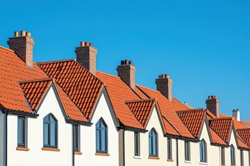 Obraz premium a row of modern British houses with red roofs, a clear blue sky, and daylight The houses have white walls and beige tones Generative AI