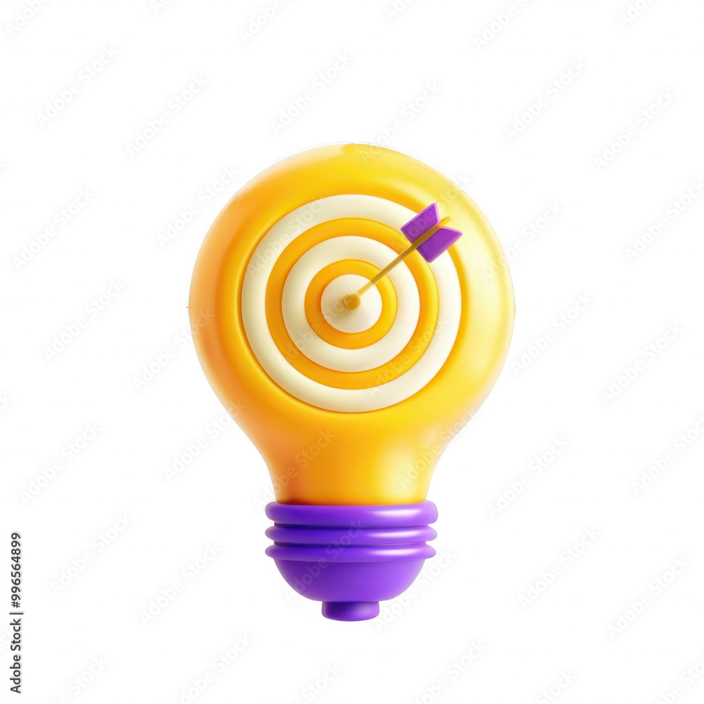 Poster a 3d render of a yellow light bulb with a target design on top, featuring an arrow pointing at the c