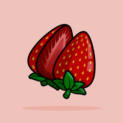 Ripe Line Cartoon Illustration of Split Strawberries Emphasizing Their Juiciness Perfect for Dessert Promotions