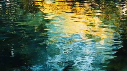 A vibrant reflection of golden and blue hues in a serene water surface, capturing tranquility and beauty in nature.