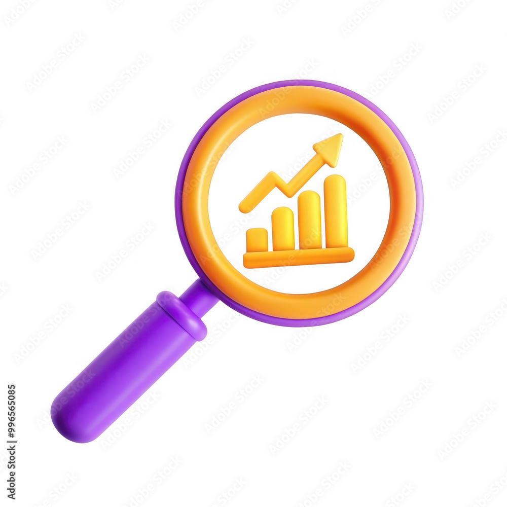Poster a vibrant 3d render of a magnifying glass displaying an upward trending graph. ideal for representin