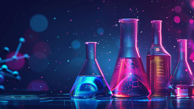Science and chemistry concept. Digital lab background  Laboratory abstract flask with neon-colorful liquid.