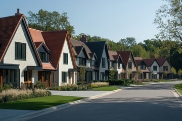 Naklejka premium A row of modern British houses with red roof tiles, clear sky, and neutral tones Generative AI