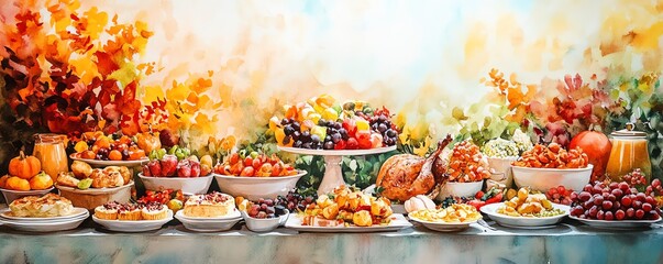Friendsgiving celebration, buffetstyle feast, vibrant fall backdrop, Watercolor style