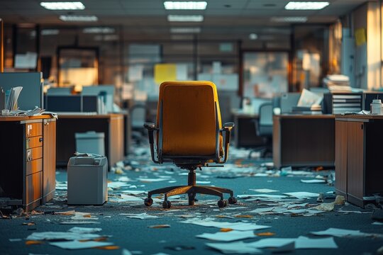 Messy office workspace with cluttered papers and an empty chair