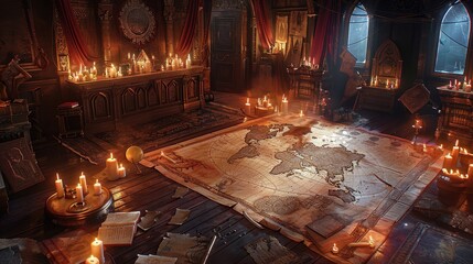 A dimly-lit room with a large, illuminated map on the floor, surrounded by candles and old books, creating an atmosphere of mystery and exploration.