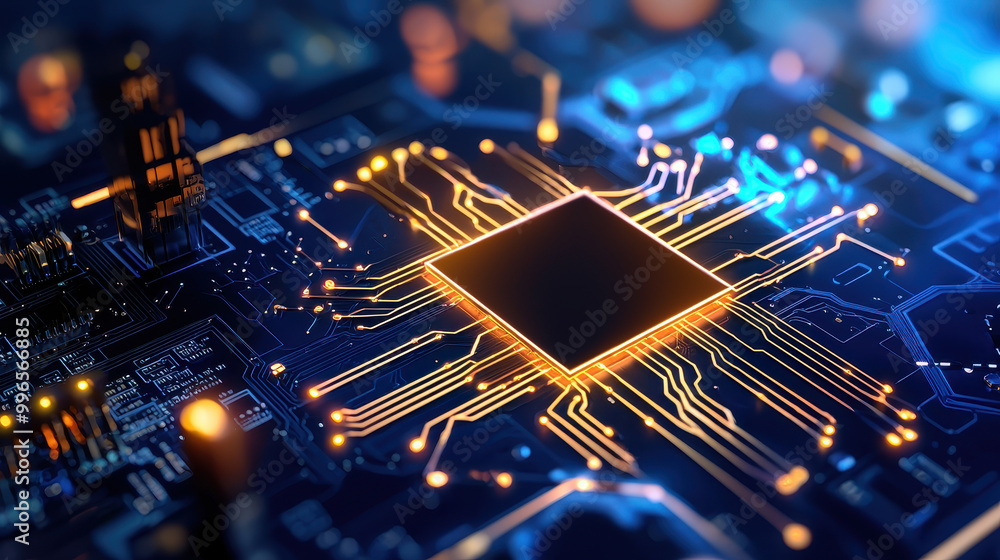 Aufkleber close-up view of a computer microchip.