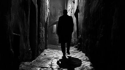 A lone figure walks through a cobblestone alley illuminated by streetlights on a quiet night, creating a mysterious ambiance