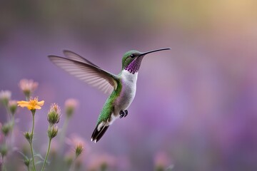 Fototapeta premium A hummingbird in mid flight with wildflowers sprouting from its back, Ai generated