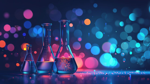 Abstract 3D chemistry lab tube. Science, medical, education concepts. Chemical beaker and flask. Laboratory signs. Digital technology futuristic style.