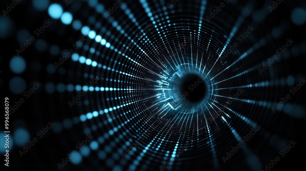Poster abstract light tunnel with glowing particles.