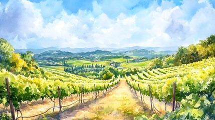 Fototapeta premium Watercolor Painting of a Vineyard Landscape with Rolling Hills and Blue Sky.