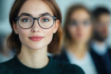 Close-up portrait of a confident woman with glasses in a blurred background.