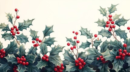 Fototapeta premium Christmas holly with red berries and green leaves for festive decoration