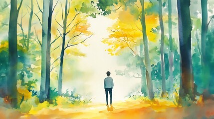 Fototapeta premium Man standing in a forest clearing with watercolor effect.
