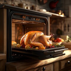 Roasted turkey in the oven, Thanksgiving home cooking scene, warm kitchen ambiance, 3D illustration
