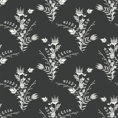 Monochrome seamless botanical pattern featuring hand-drawn floral elements in gray and white. The intricate design is elegant and vintage-inspired, perfect for timeless, nature-driven aesthetic.