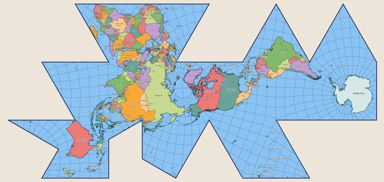 Vector Political World Map Fuller Projection, Dymaxion World map