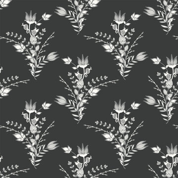 Monochrome seamless botanical pattern featuring hand-drawn floral elements in gray and white. The intricate design is elegant and vintage-inspired, perfect for timeless, nature-driven aesthetic.