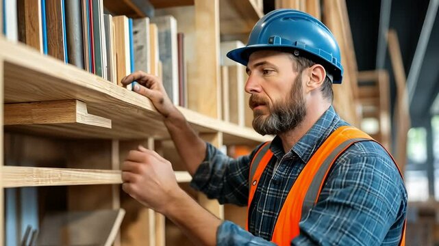 A carpenter repairs shelving at a community library during a restoration project. He is wearing protective gear, a hard hat and safety vest. Contractor and home repair concept