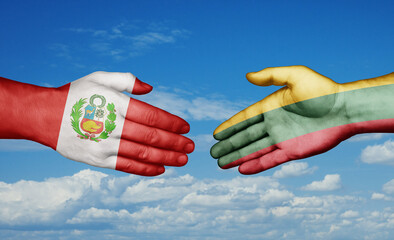 Lithuania and Peru country handshaking with flags, consensus concept international co-operation illustration