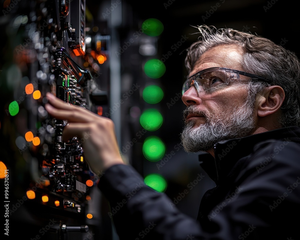 Poster engineer working on complex machinery.