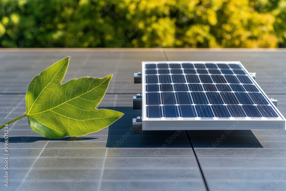 Poster A single green leaf and a solar panel side by side, representing the harmony between nature and renewable energy in a minimalist setting