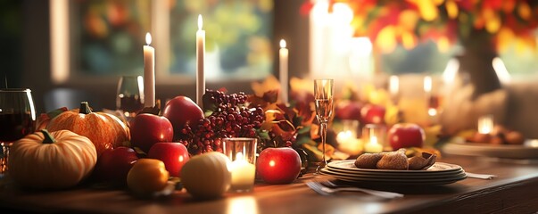 Thanksgiving dinner table with fall harvest, gourds, apples, and candles, cozy ambiance, 3D illustration