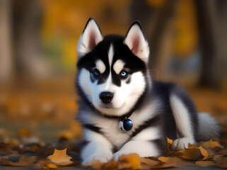 A Husky dog positioned on a scenic path amidst blooming flowers and greenery during the fall season. generated ai