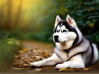 A Husky dog positioned on a scenic path amidst blooming flowers and greenery during the fall season. generated ai