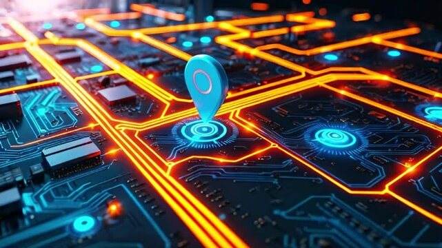 Illuminated Urban Navigator, Key Locations Highlighted with Glowing Orange Markers Digital city map
