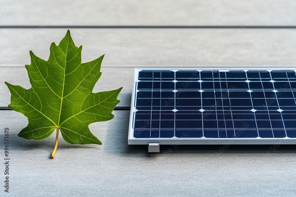 Poster a single green leaf and a solar panel side by side, representing the harmony between nature and rene