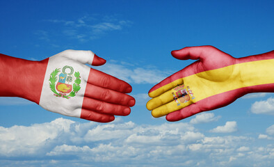 Spain and Peru country handshaking with flags, consensus concept international co-operation illustration