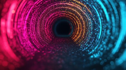 Colorful digital abstract tunnel with glowing particles, black background.