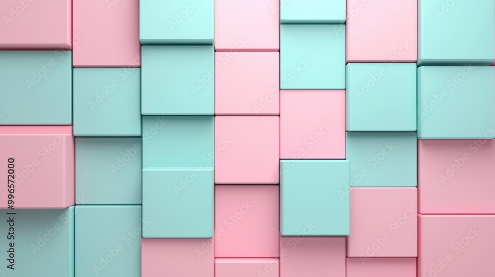 Poster colorful geometric blocks in pink and teal, creating a modern abstract pattern.