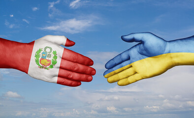 Ukraine and Peru country handshaking with flags, consensus concept international co-operation illustration