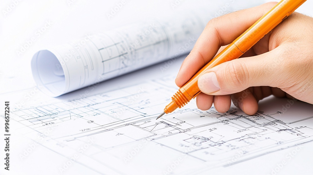 Poster engineering solutions highlighted in detailed blueprint - site planning with technical illustrations