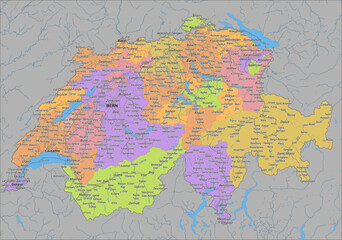 Detailed political vector map of Switzerland