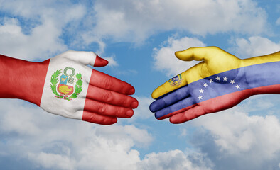 Venezuela and Peru country handshaking with flags, consensus concept international co-operation illustration