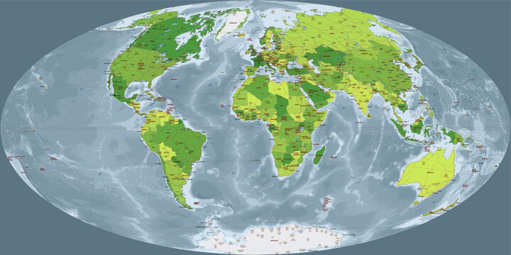 Detailed political world map Aitoff projection