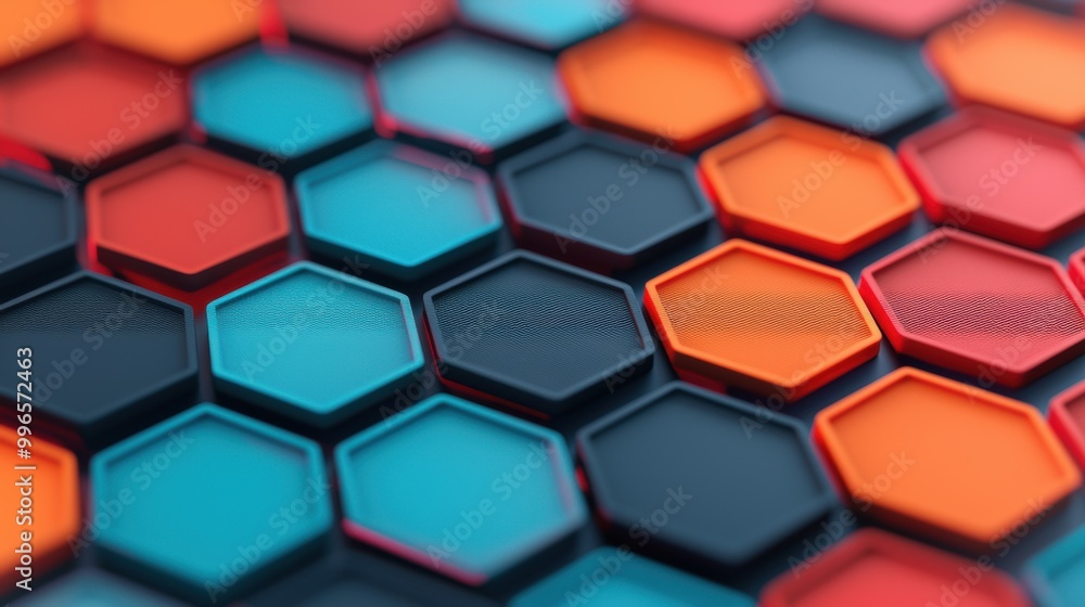 Poster colorful hexagonal pattern on surface, vibrant design element for digital projects.
