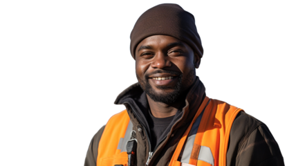 Smiling black man in vest on transparent background PNG. 
