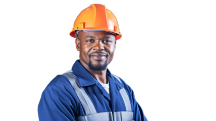 Portrait of a adult african american construction worker wearing a hard hat on transparent background PNG. 