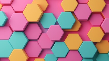 Colorful hexagonal pattern in vibrant pink, blue, and yellow on a smooth surface.