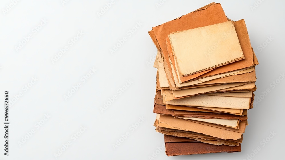 Poster a stack of assorted brown paper sheets, showcasing texture and color variations, perfect for crafts 