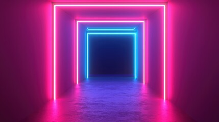 Colorful neon light tunnel with blue and pink glowing edges, abstract design.