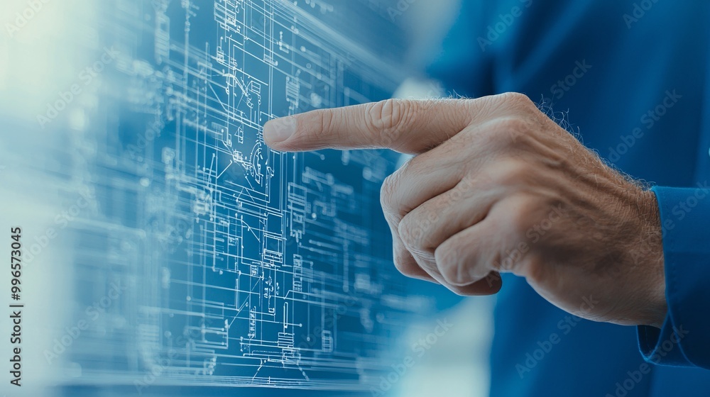 Poster hand pointing to detailed engineering blueprint - showcasing precise architectural layouts and techn