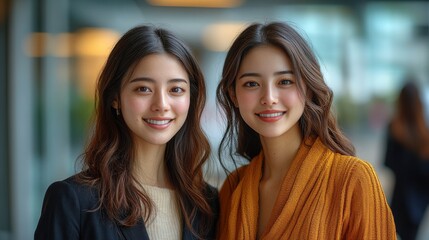 Fototapeta premium Two Asian women smiling and posing together in the city